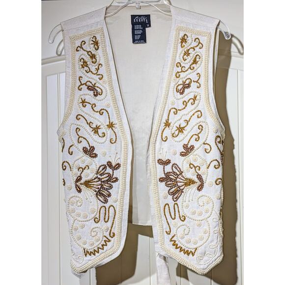 Vintage Boutique Europa 90s Oatmeal Linen Blend Lined Tie Back Beaded Vest Sz S - Picture 1 of 10